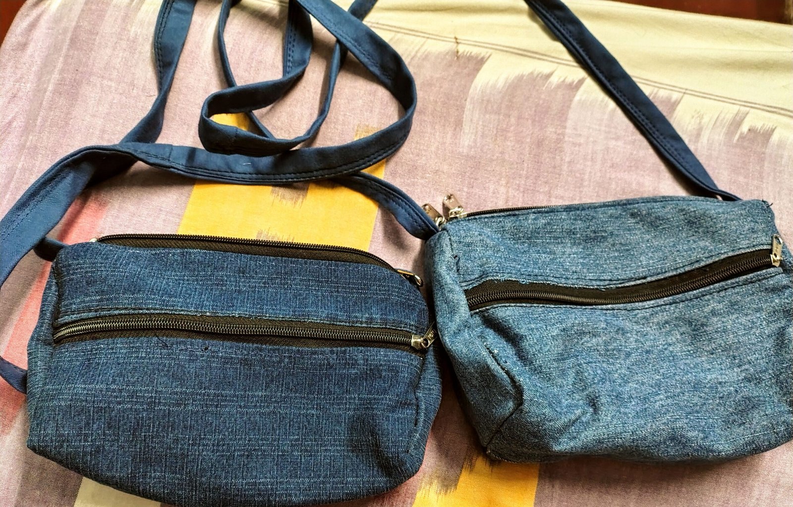 upcycled denim sling bags.