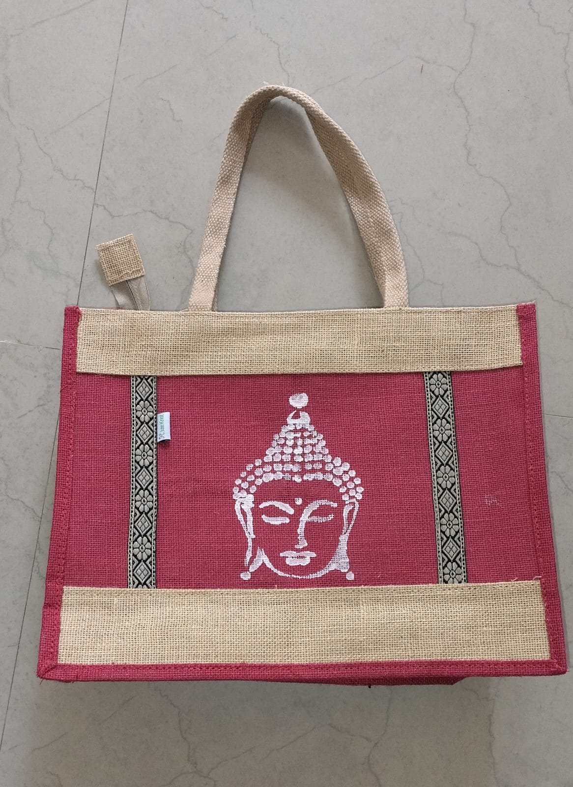 Handmade Jute Tote Bag with Buddha Print & Matching Zipper Pouch – Eco-Friendly Women’s Handbag Set - Image 2