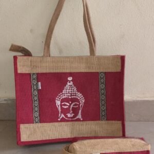 Handmade Jute Tote Bag with Buddha Print & Matching Zipper Pouch – Eco-Friendly Women’s Handbag Set