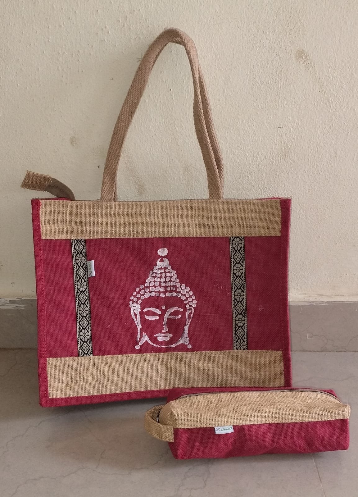 Handmade Jute Tote Bag with Buddha Print & Matching Zipper Pouch – Eco-Friendly Women’s Handbag Set