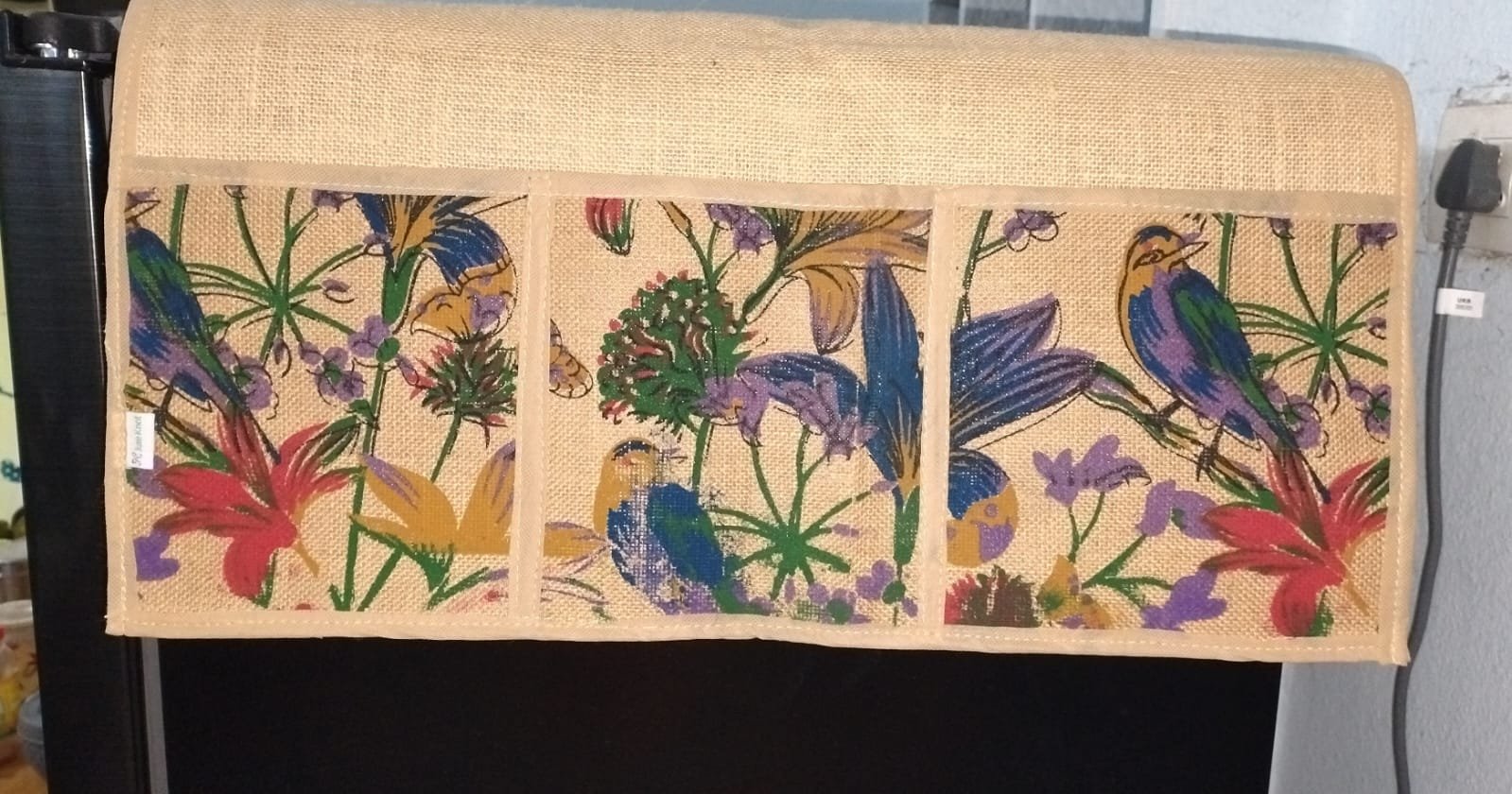 Eco-Friendly Jute Fridge Cover with 6 Storage Pockets | Durable & Stylish Refrigerator Top Cover - Image 2